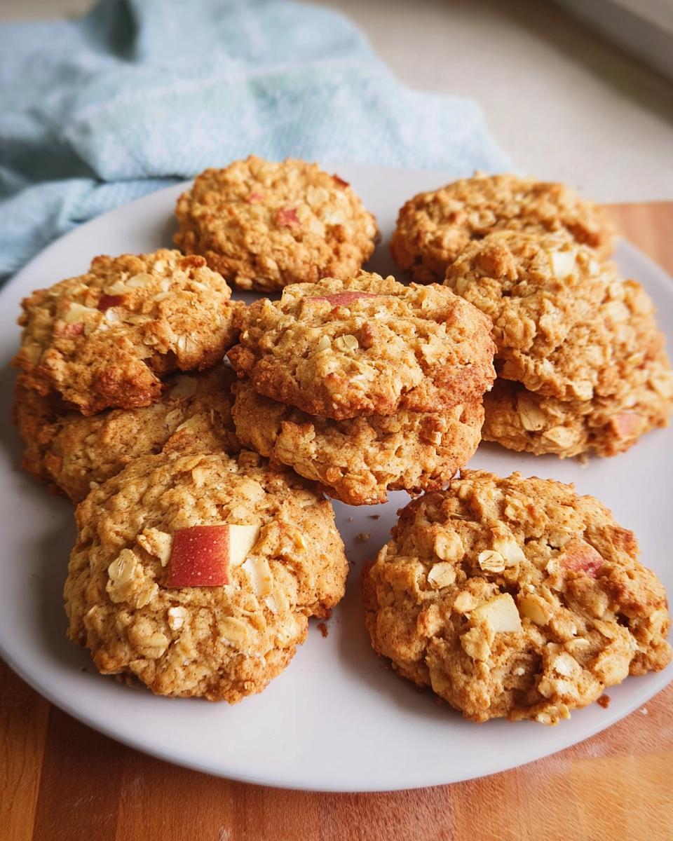A stack of delicious Gesunde Apfel-Hafer-Kekse (healthy apple oat cookies) with visible apple pieces and oats.