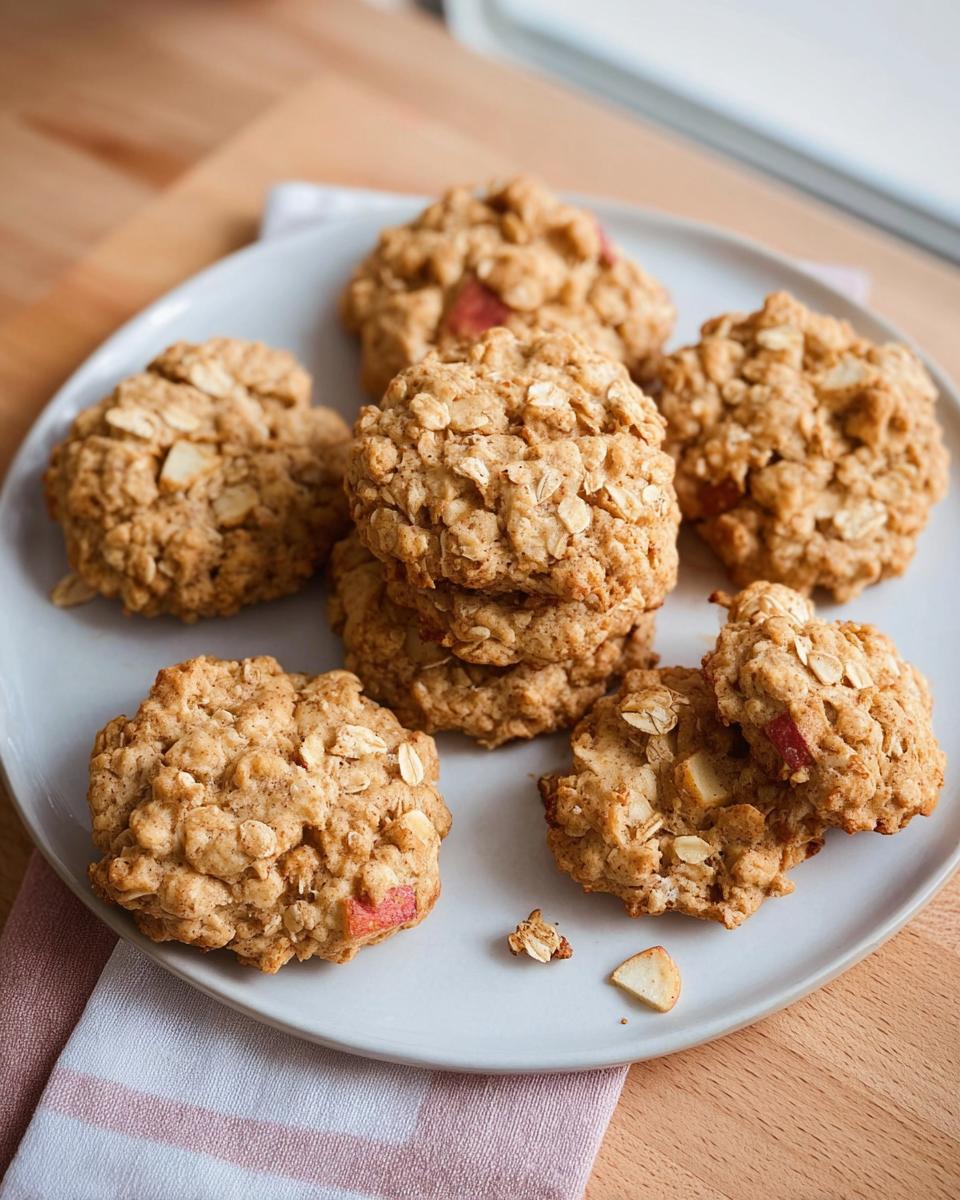 A plate of delicious Gesunde Apfel-Hafer-Kekse (healthy apple oat cookies) with visible apple pieces and oats.