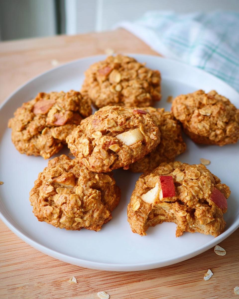 A plate of delicious Gesunde Apfel-Hafer-Kekse (healthy apple oat cookies) with visible apple pieces and oats.