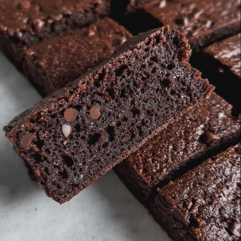 Close-up of a rich, moist Greek Yogurt Brownie slice with visible chocolate chips.
