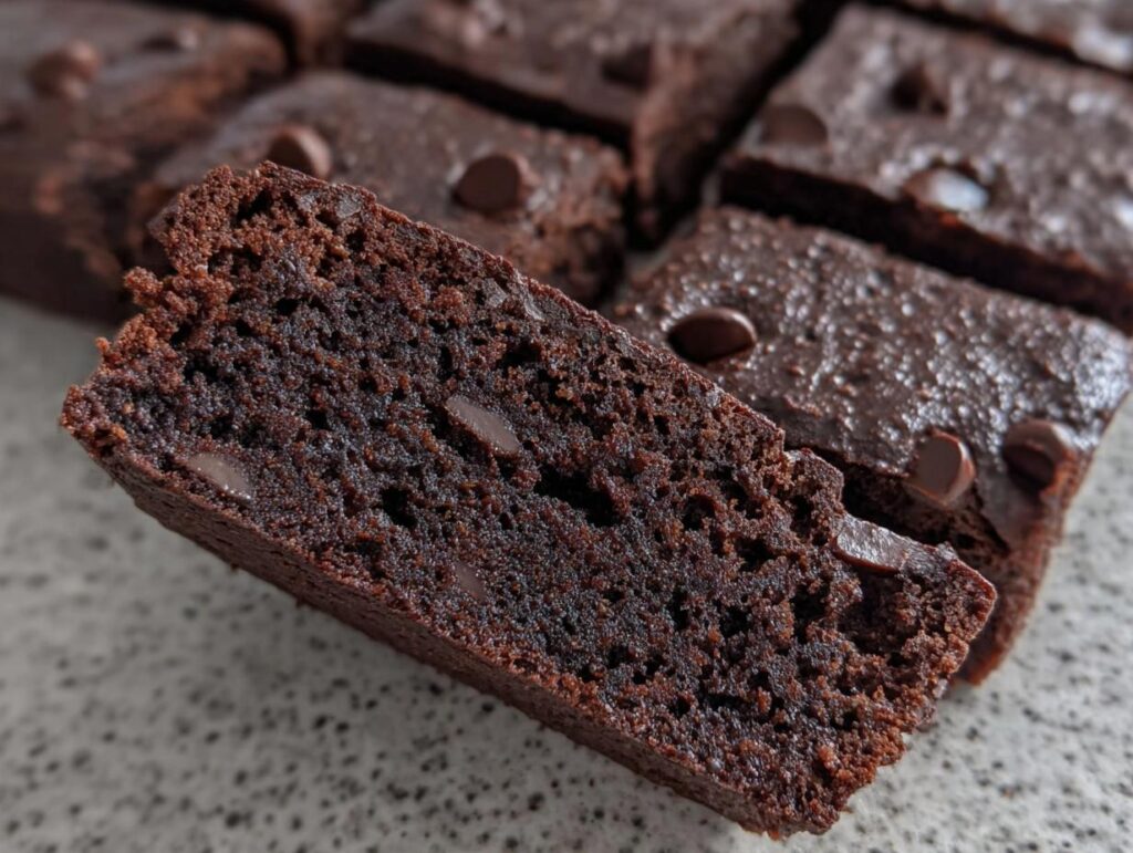 Close-up of a rich, dark chocolate Greek Yogurt Brownie slice with visible chocolate chips.