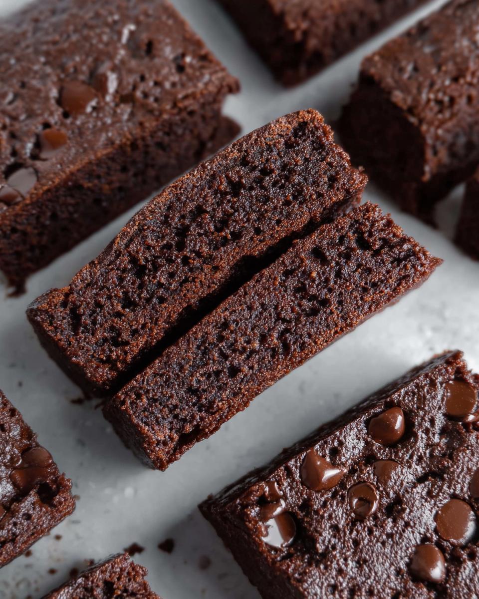 Close-up of moist Greek Yogurt Brownies, some with visible chocolate chips, cut into squares.