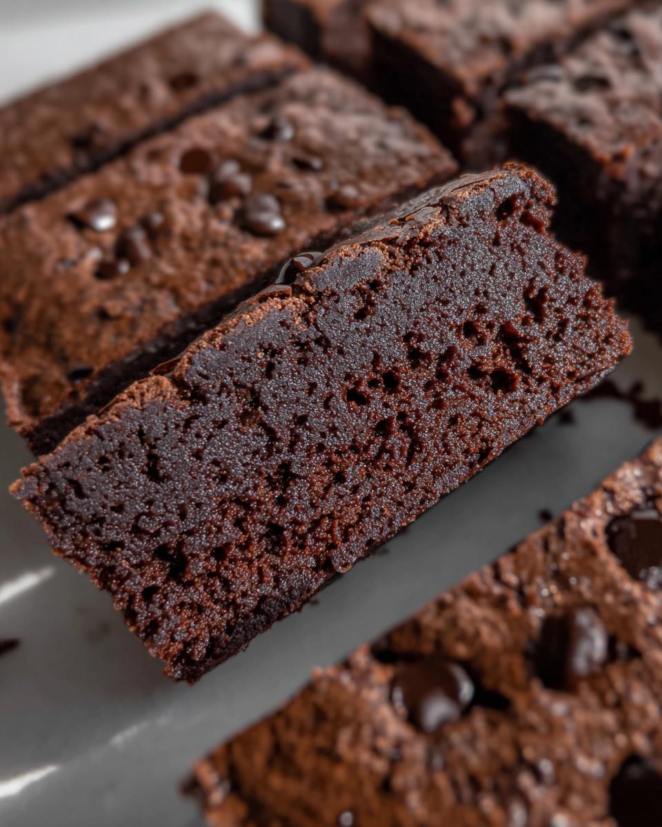 Close-up of a rich, dark chocolate Greek Yogurt Brownie with visible chocolate chips.