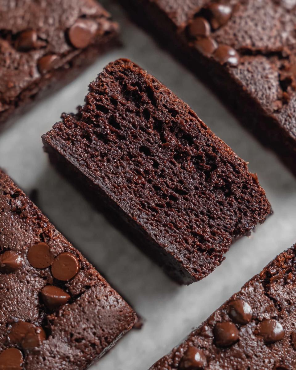 Close-up of a moist Greek Yogurt Brownie slice, revealing a rich chocolate texture and embedded chocolate chips.