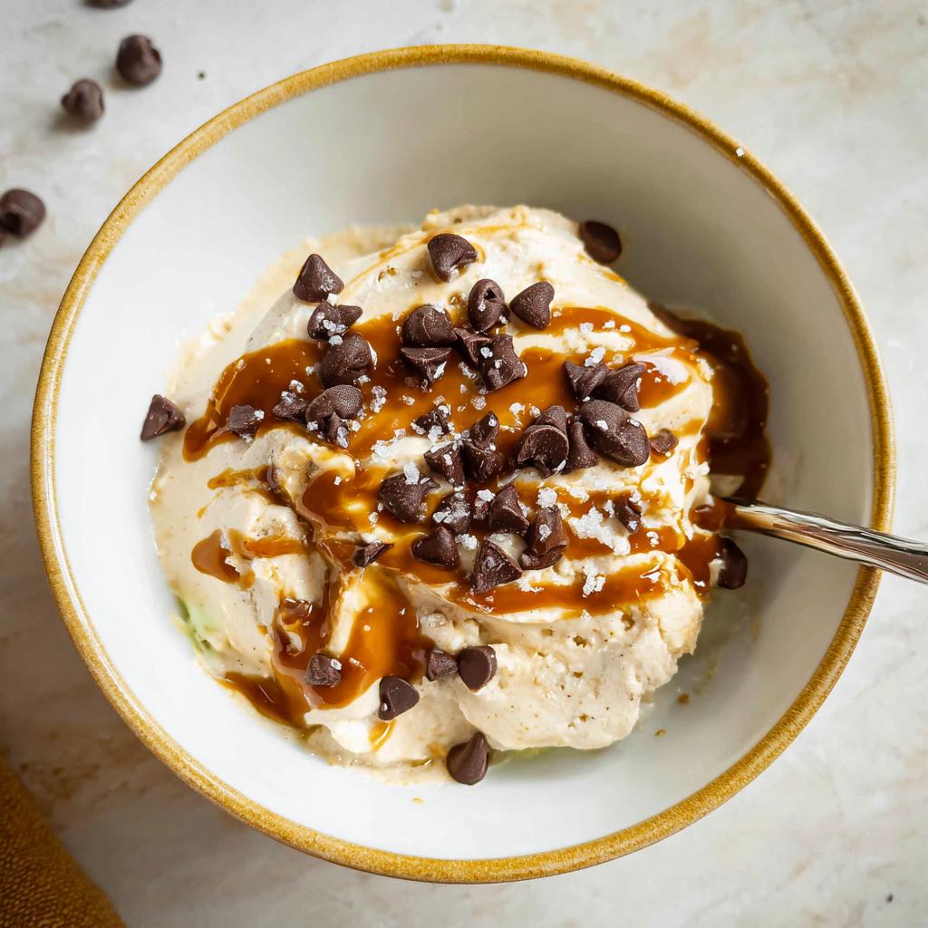 A bowl of Greek Yogurt Cookie Dough topped with chocolate chips, caramel sauce, and sea salt.