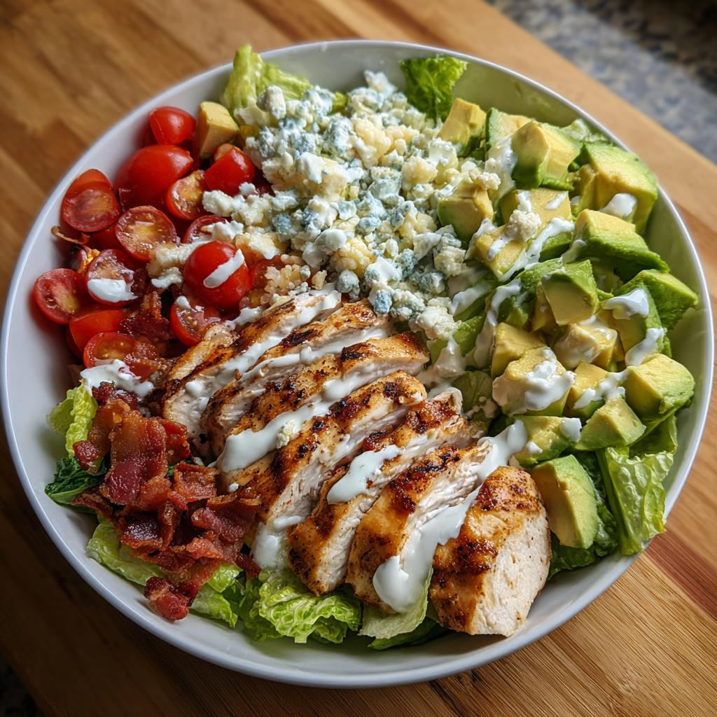A delicious grilled chicken Cobb salad bowl with avocado, bacon, tomatoes, and blue cheese.