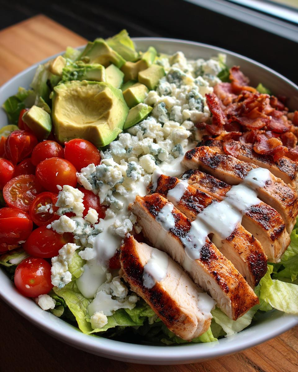 A vibrant bowl of summer salad with grilled chicken, avocado, tomatoes, blue cheese, and bacon.