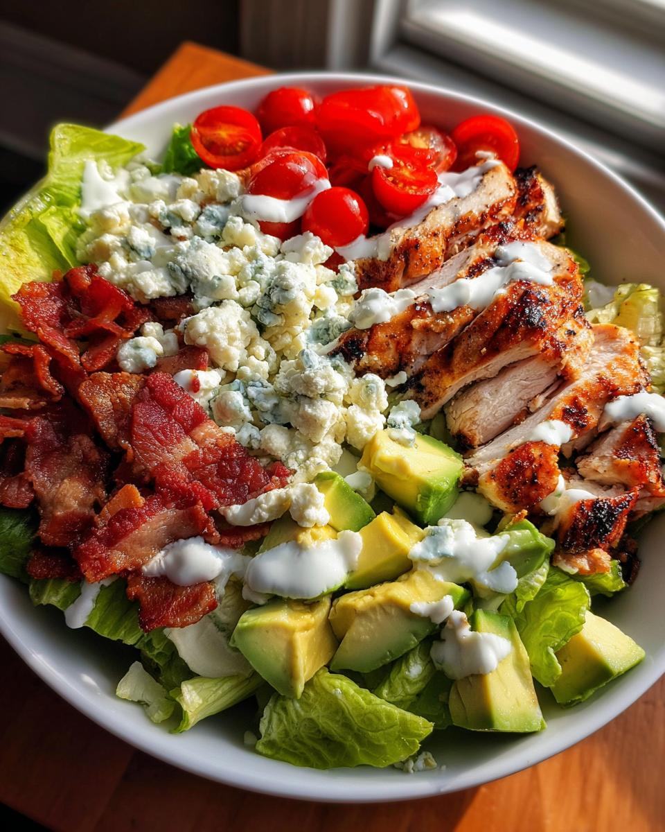 A vibrant Grilled Chicken Cobb Salad Bowl with avocado, bacon, blue cheese, and cherry tomatoes.