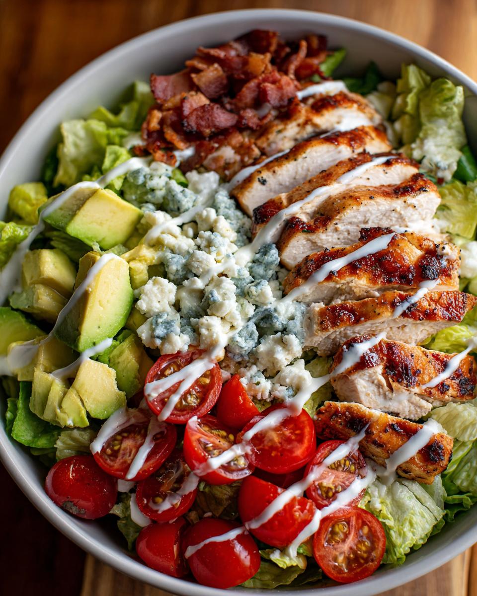 Close-up of a grilled chicken cobb salad bowl with avocado, tomatoes, blue cheese, and bacon.