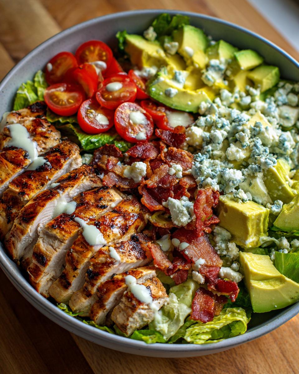A delicious Grilled Chicken Cobb Salad Bowl with avocado, tomatoes, bacon, and blue cheese.