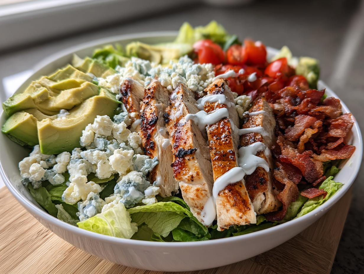 A vibrant summer salad recipe featuring grilled chicken, avocado, bacon, blue cheese, and tomatoes in a Cobb bowl.