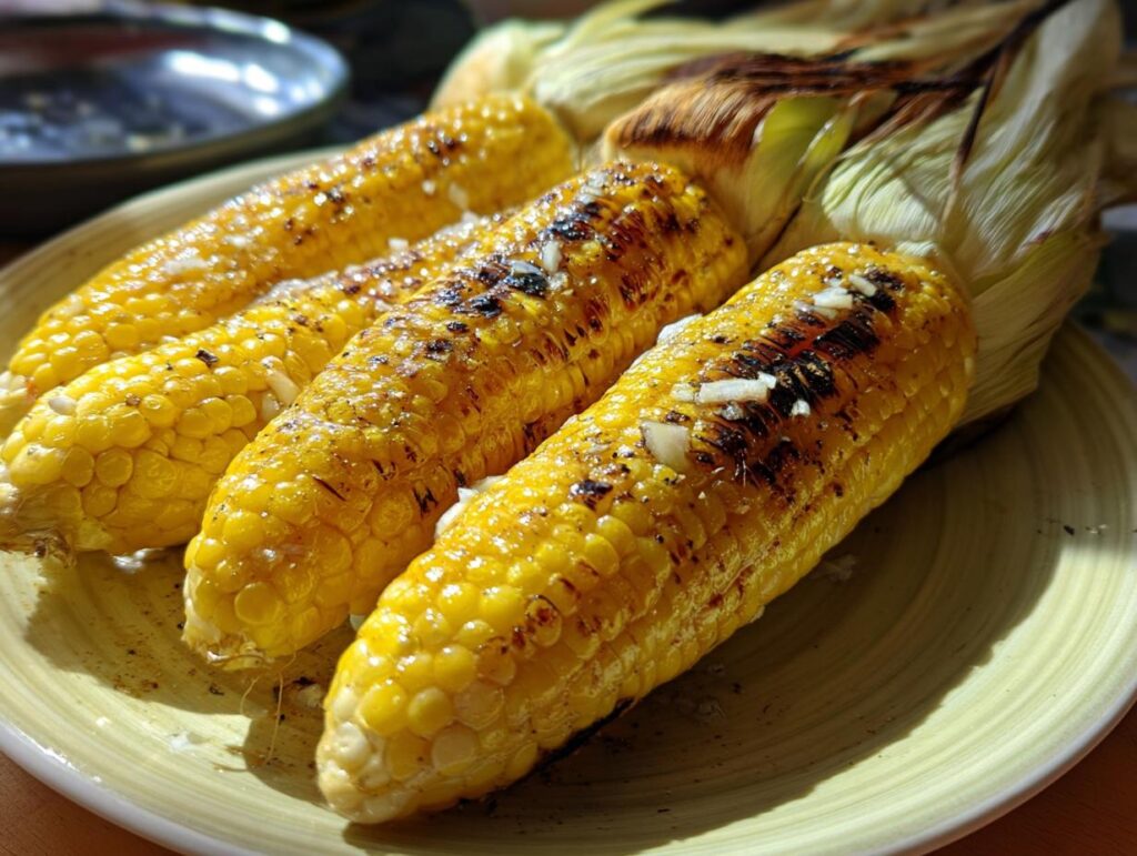 Close-up of four ears of grilled corn on the cob, brushed with butter and sprinkled with garlic, on a plate.