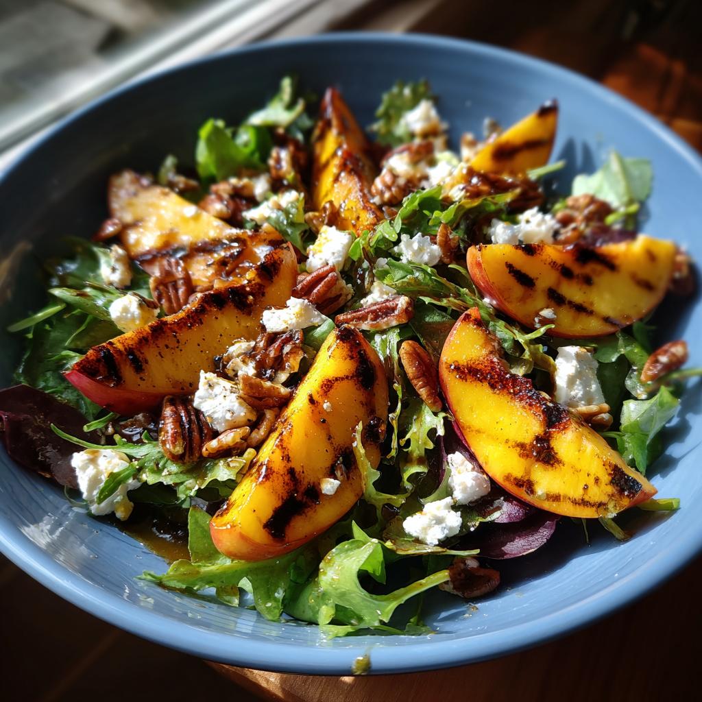 A vibrant grilled peach salad with crumbled feta cheese, pecans, and a honey dressing.