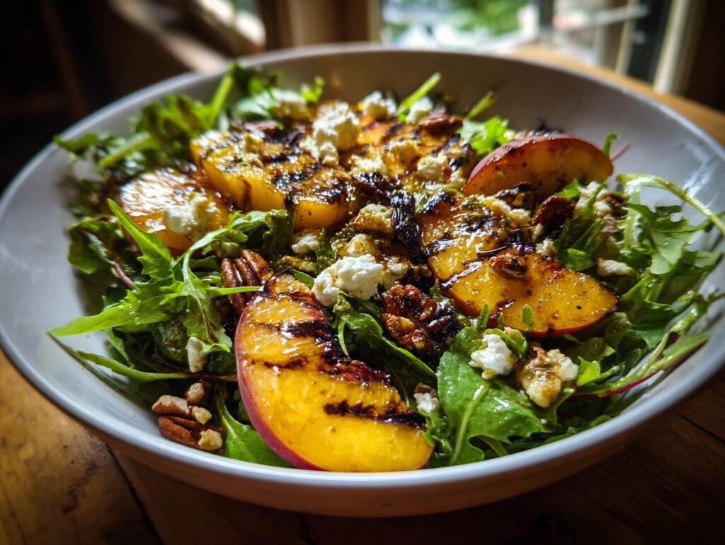A vibrant grilled peach salad with mixed greens, crumbled feta cheese, pecans, and a honey dressing.