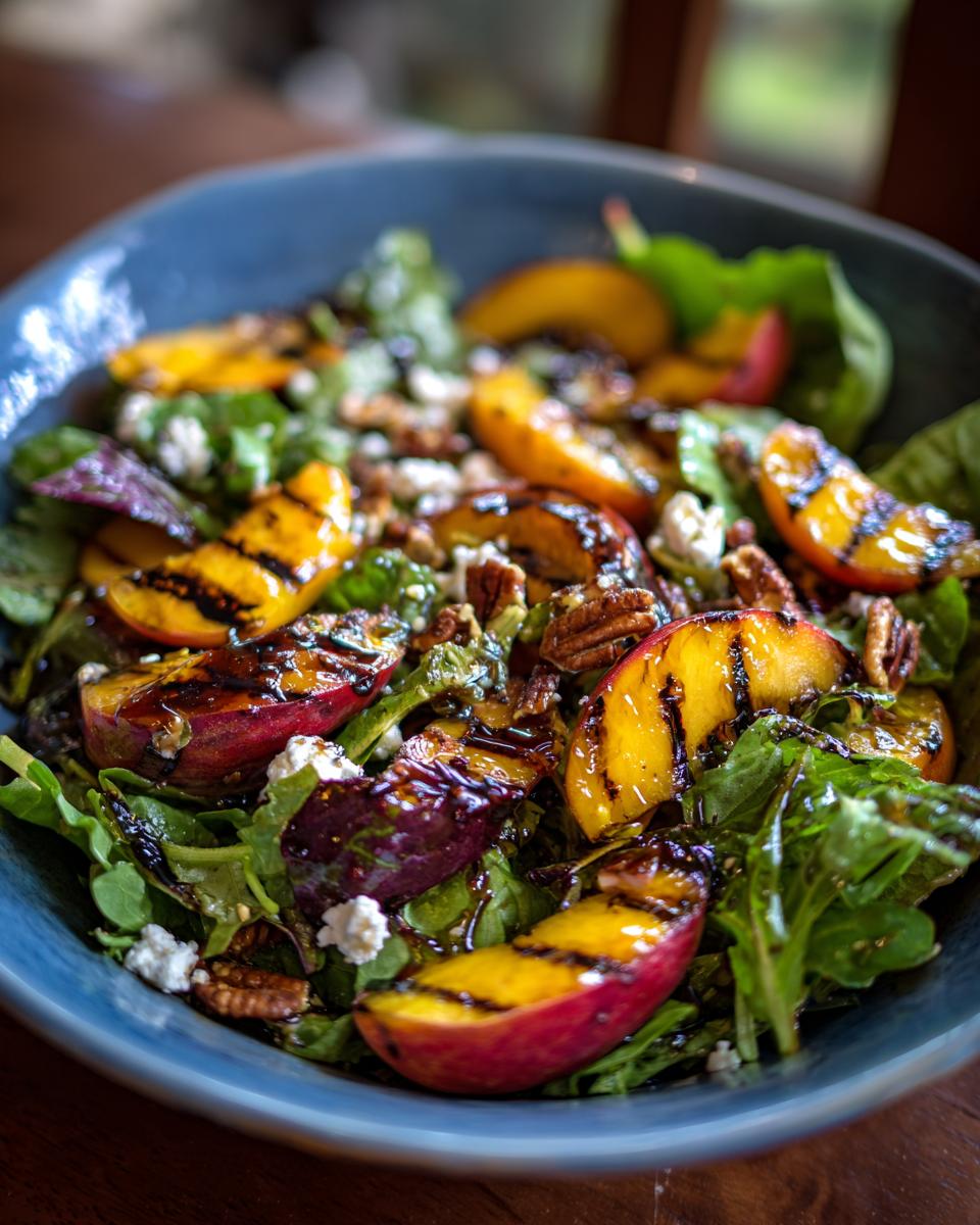 Close-up of a vibrant grilled peach salad with greens, pecans, feta cheese, and a drizzle of honey dressing.