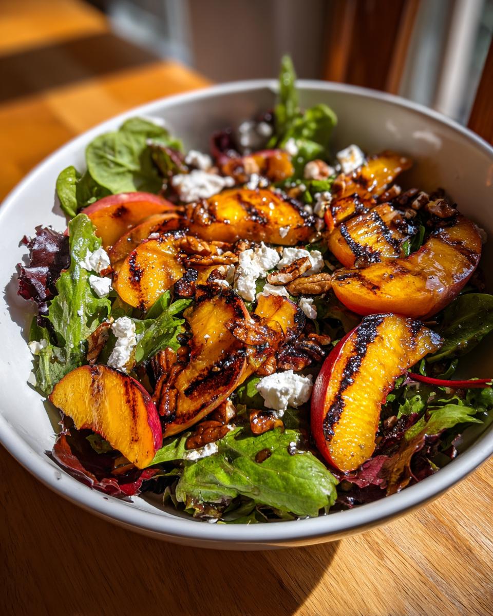 Close-up of a vibrant grilled peach salad with fresh greens, crumbled cheese, and nuts.