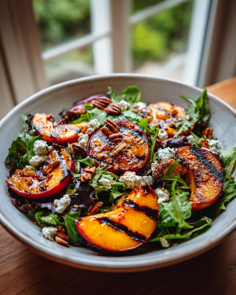 A vibrant bowl of grilled peach salad with mixed greens, crumbled cheese, pecans, and a honey dressing.