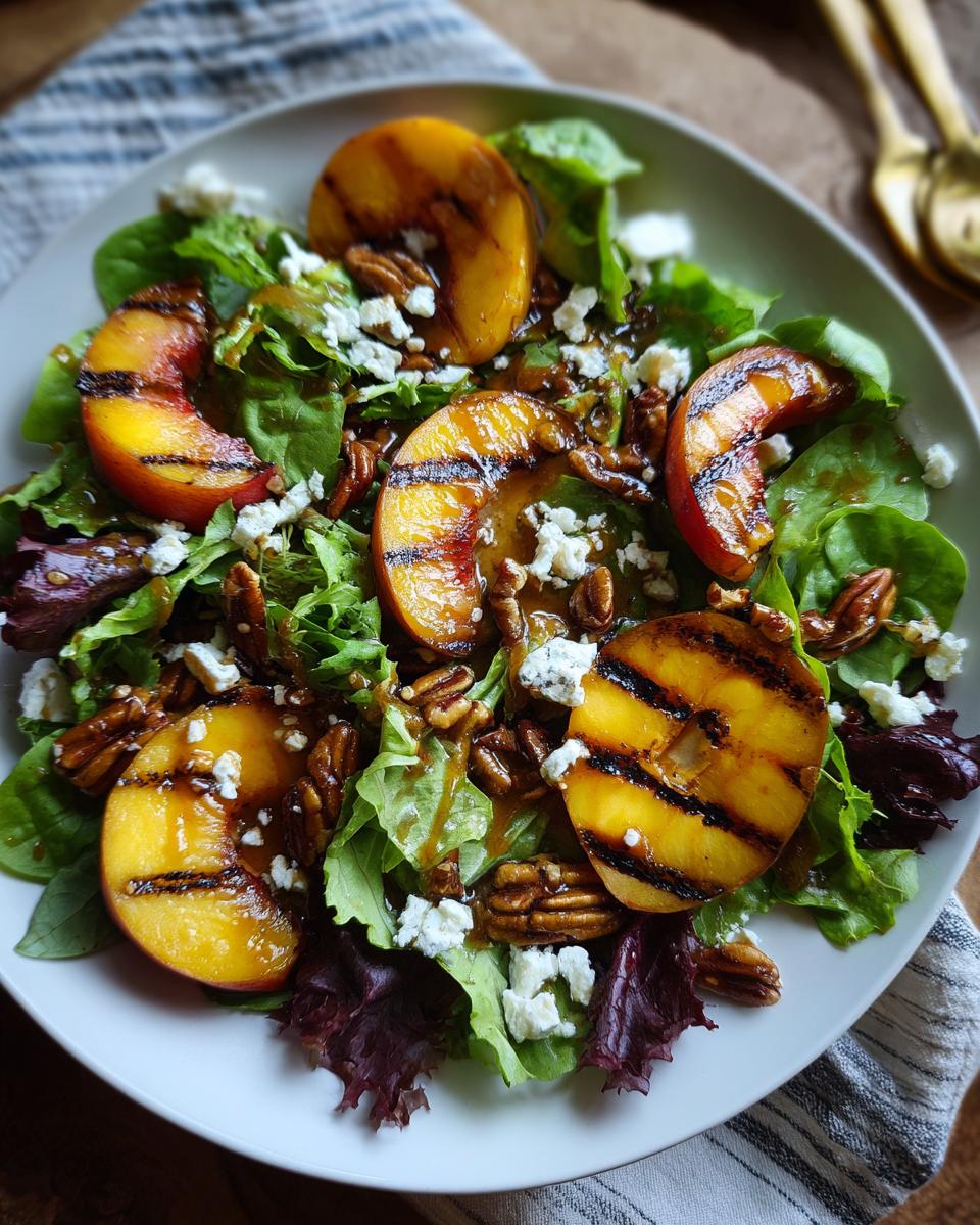 A vibrant grilled peach salad with mixed greens, crumbled feta cheese, pecans, and a drizzle of honey dressing.