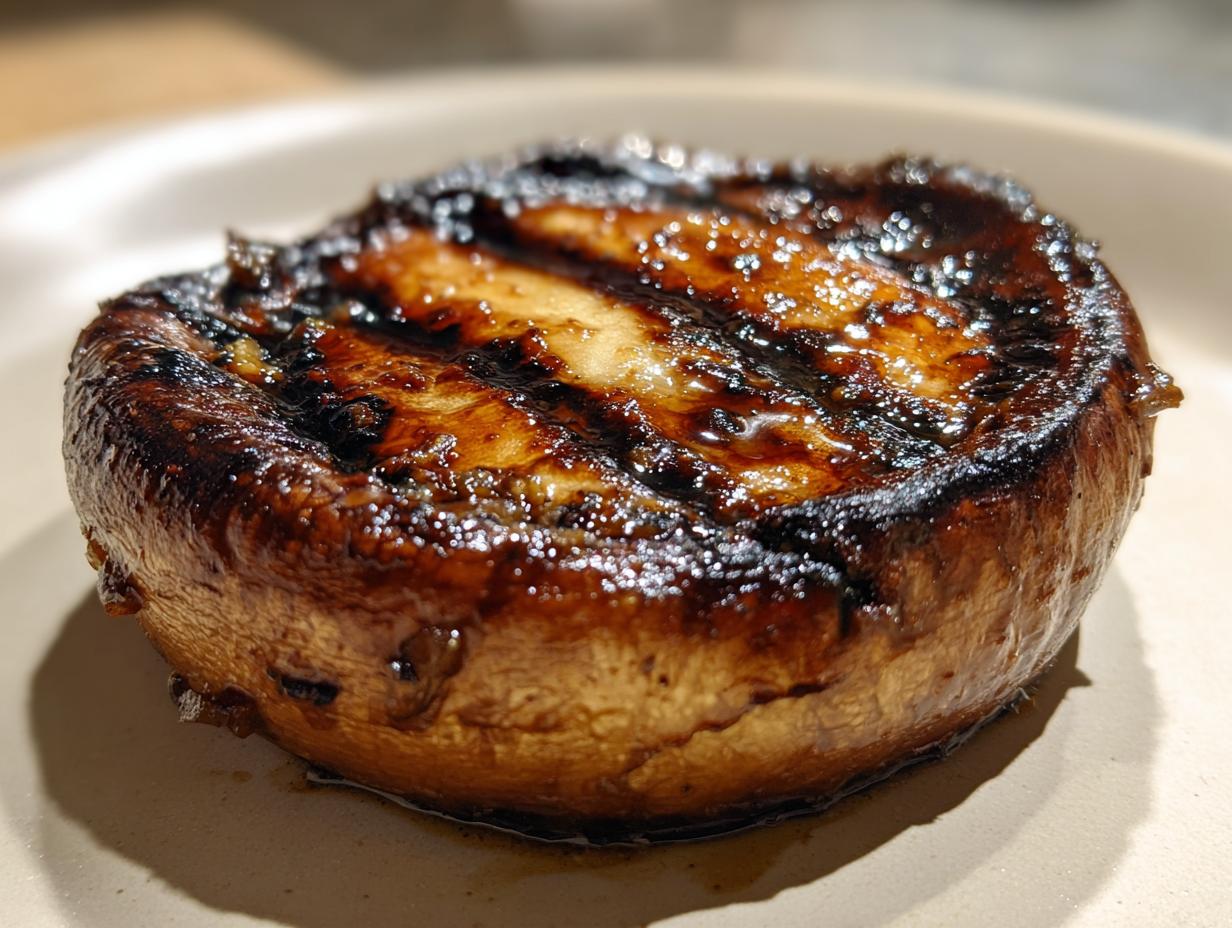 Close-up of a perfectly grilled portobello mushroom, showcasing grill marks and a glossy marinade, part of easy grilling recipes.