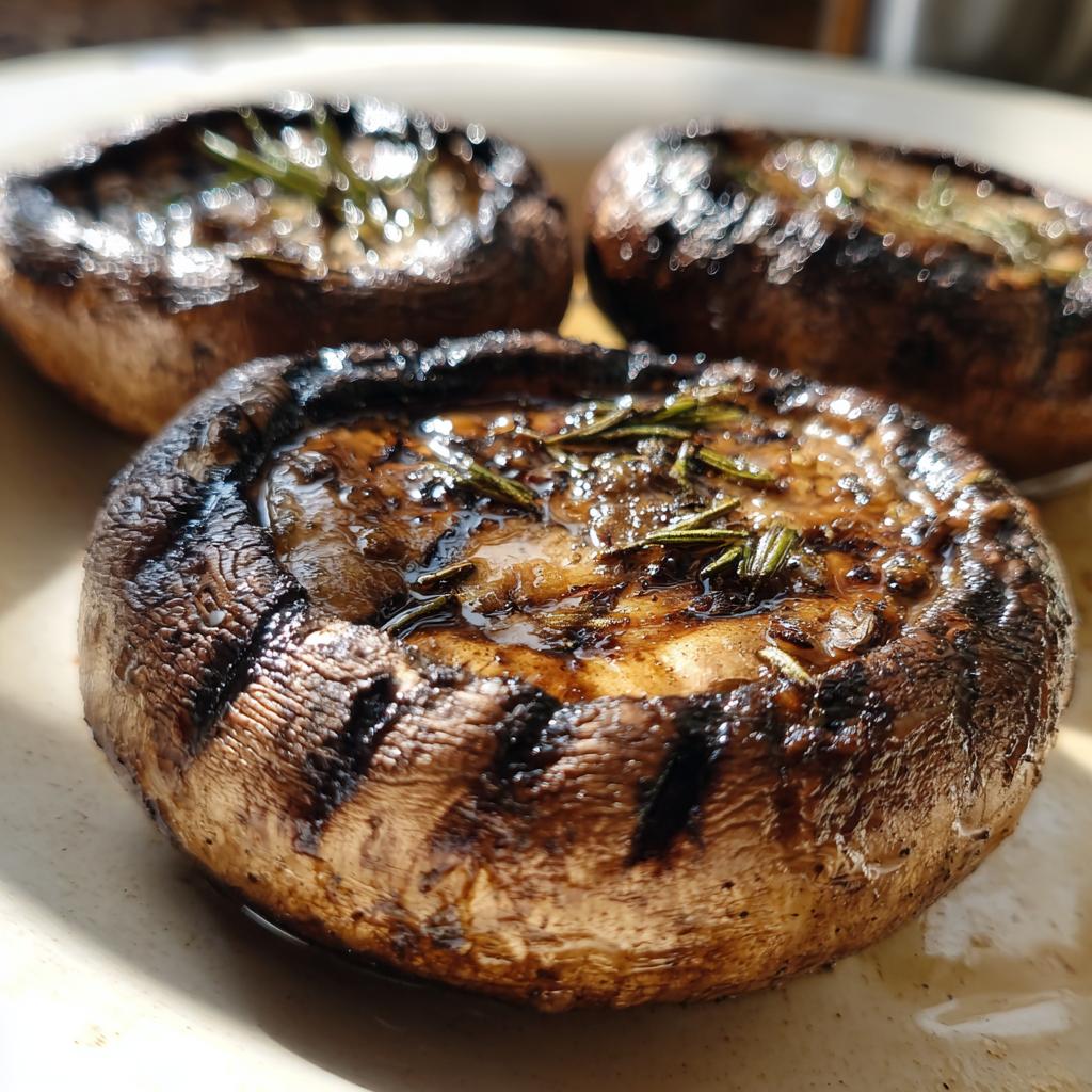 Close-up of three grilled portobello mushrooms topped with rosemary, showcasing grill marks and juicy texture.