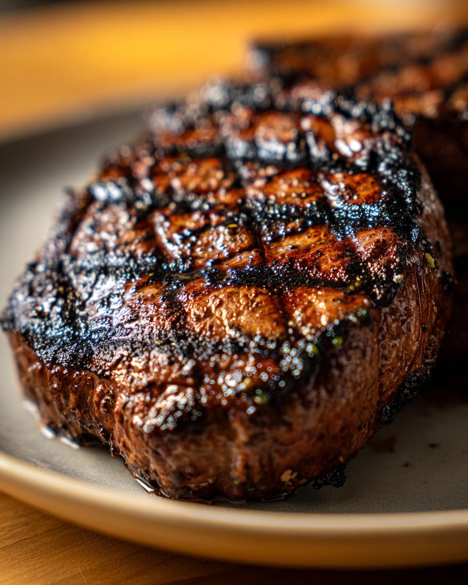 Close-up of a perfectly grilled steak with char marks, served alongside portobello mushrooms for an easy outdoor meal.