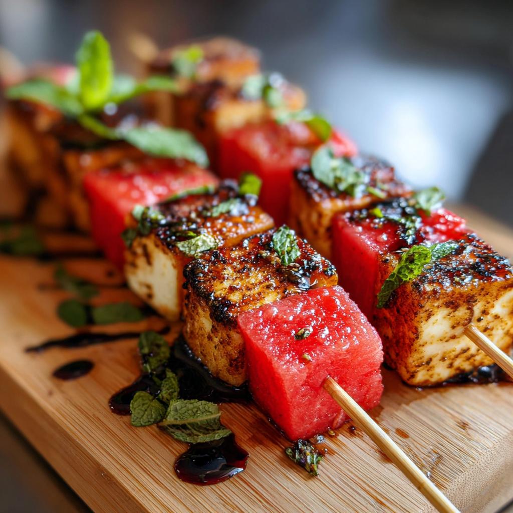 Close-up of grilled watermelon and halloumi cheese skewers with mint and balsamic glaze.