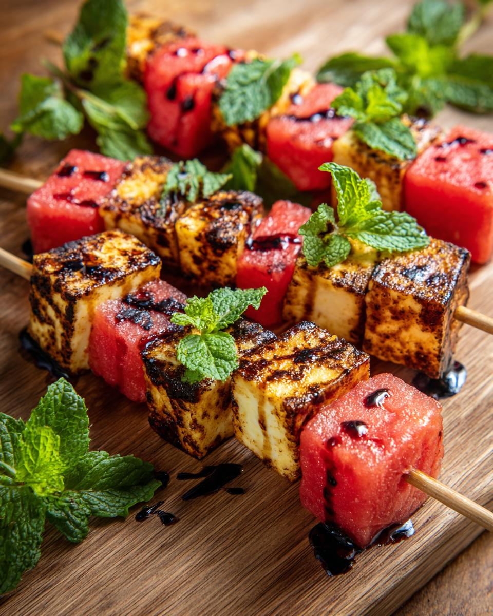 Close-up of grilled watermelon and halloumi cheese skewers drizzled with balsamic glaze and garnished with mint.