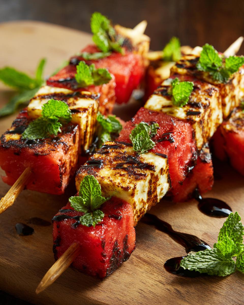 Close-up of grilled watermelon and halloumi cheese skewers drizzled with balsamic glaze and garnished with mint.