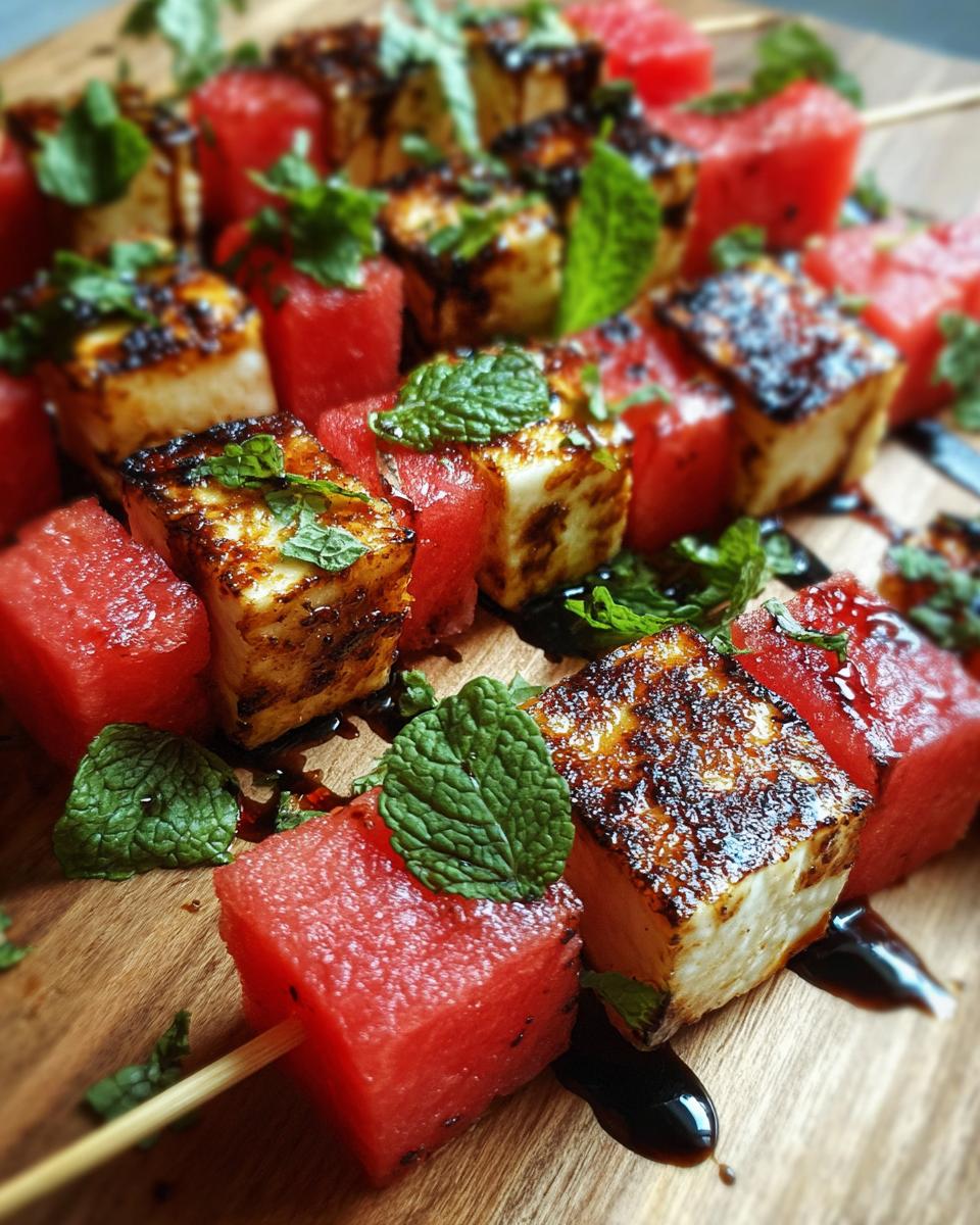 Close-up of grilled watermelon and halloumi cheese skewers drizzled with balsamic glaze and garnished with mint.