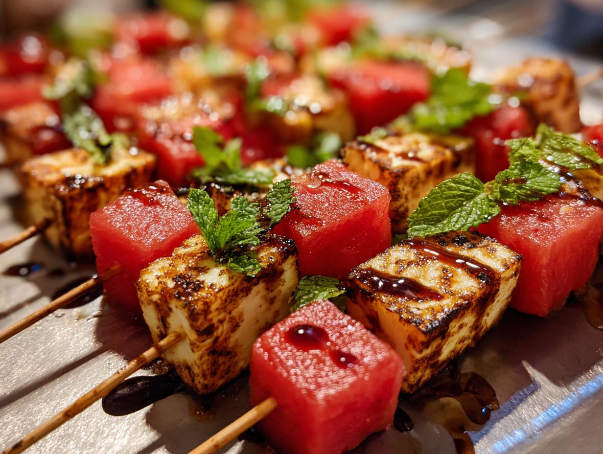 Close-up of grilled watermelon and halloumi cheese skewers, drizzled with balsamic glaze and garnished with fresh mint leaves.
