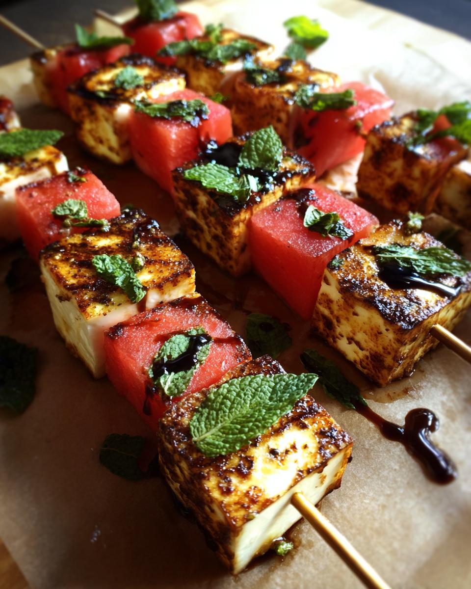 Close-up of grilled watermelon skewers with halloumi cheese, drizzled with balsamic glaze and garnished with mint.