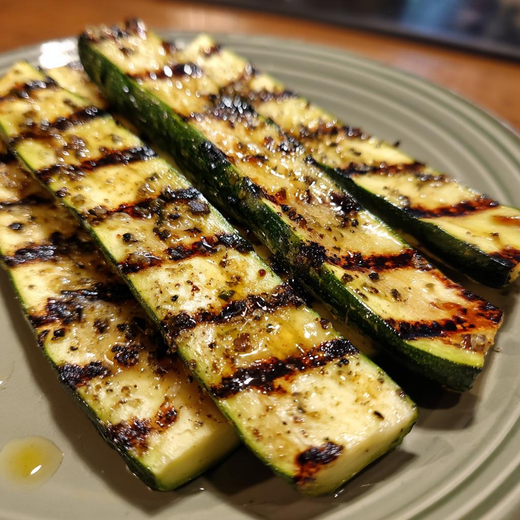 Close-up of perfectly grilled zucchini slices with char marks, glistening with oil and herbs, ready to be served as a side dish.
