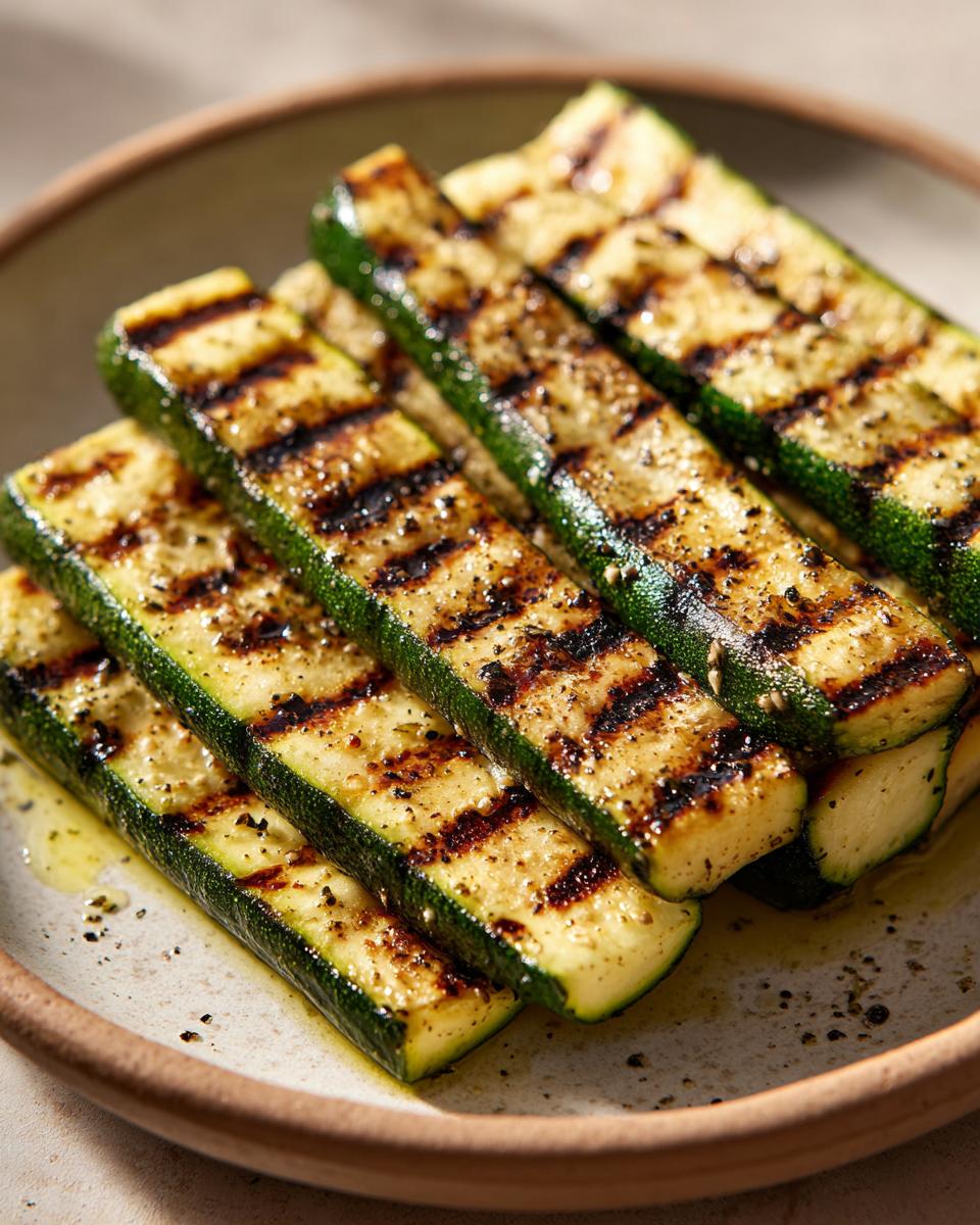 Close-up of perfectly grilled zucchini slices seasoned with herbs and spices, showcasing grill marks.
