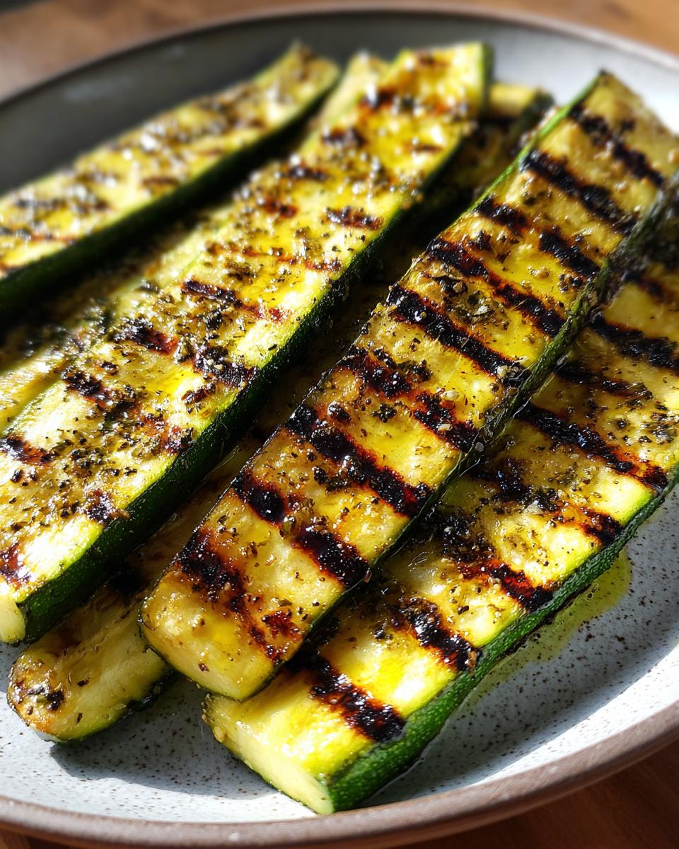 Close-up of perfectly grilled zucchini slices seasoned with herbs, showcasing beautiful grill marks.