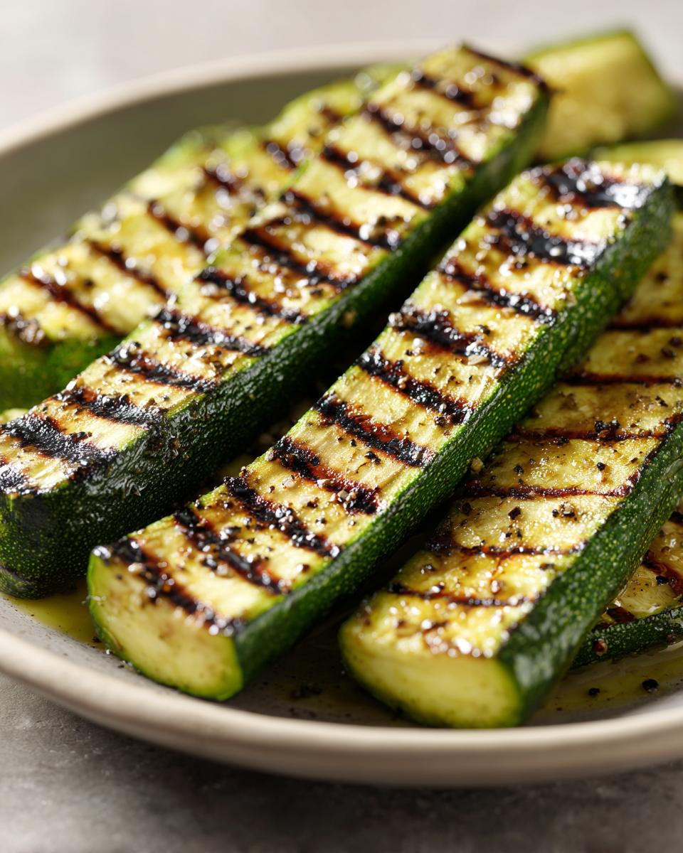 Close-up of perfectly grilled zucchini slices with char marks, seasoned and glistening with oil.