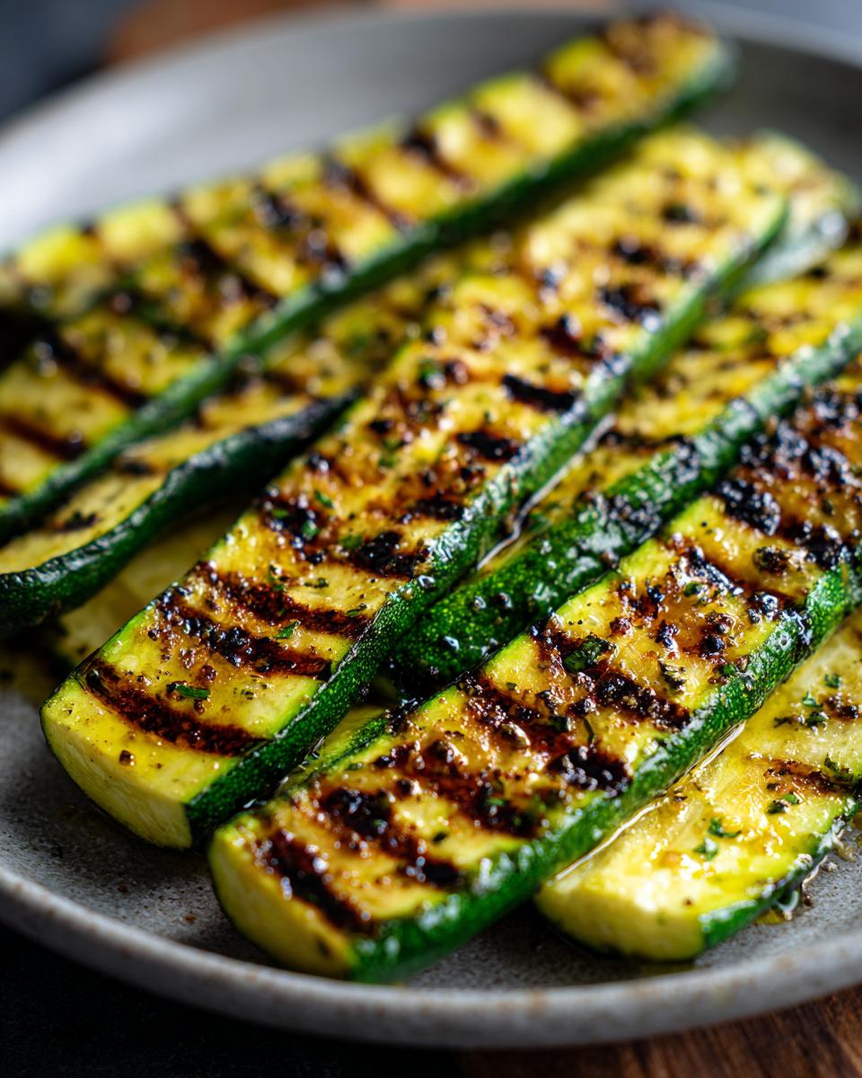 Close-up of grilled zucchini slices with distinct char marks, glistening with oil and herbs, served on a plate.
