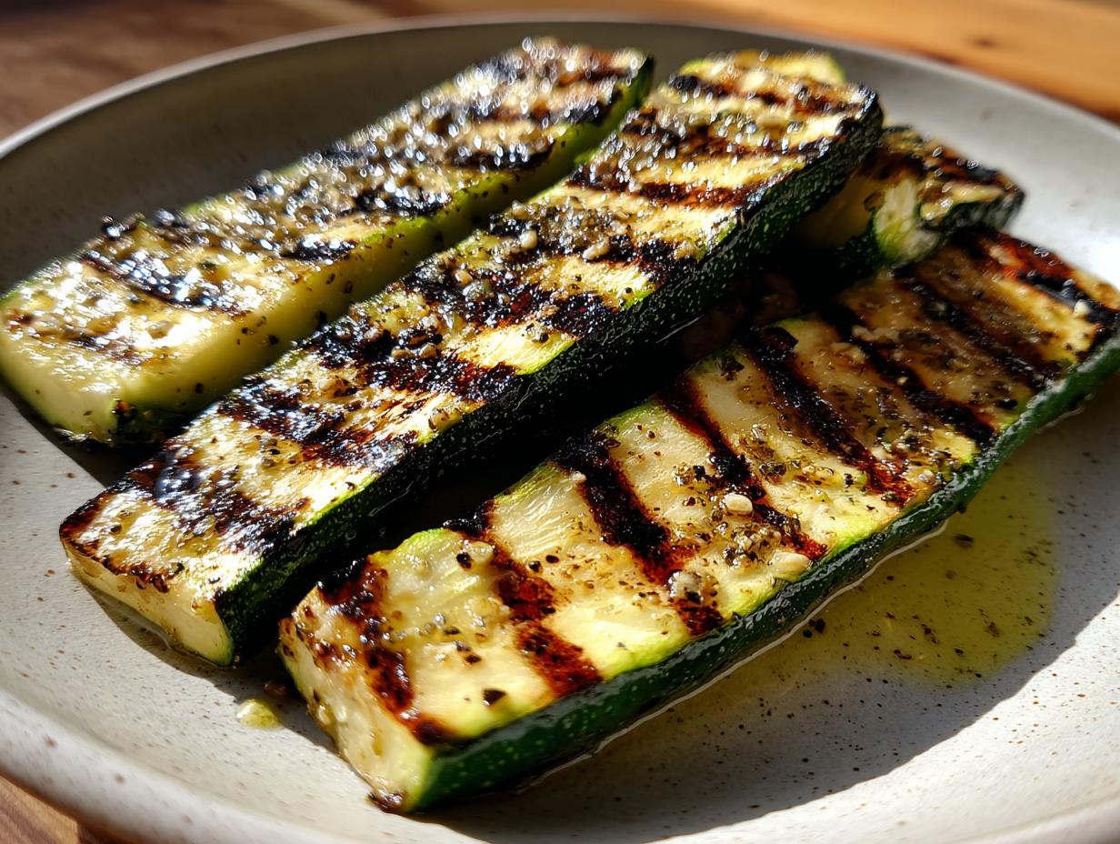 Close-up of grilled zucchini slices seasoned with herbs and spices, showcasing perfect grill marks.