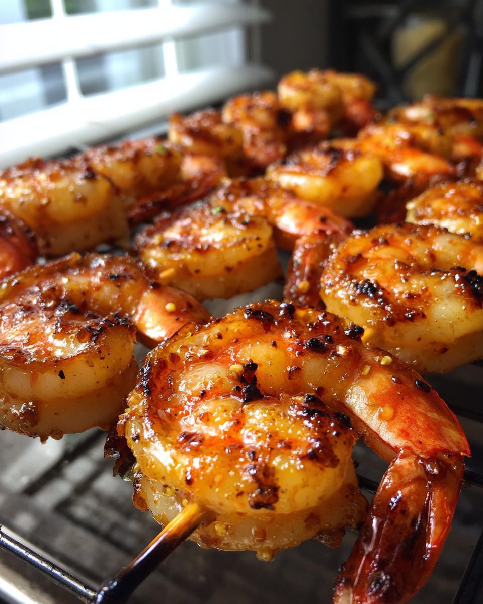Close-up of grilled honey lime shrimp skewers with a glossy glaze and visible spices.