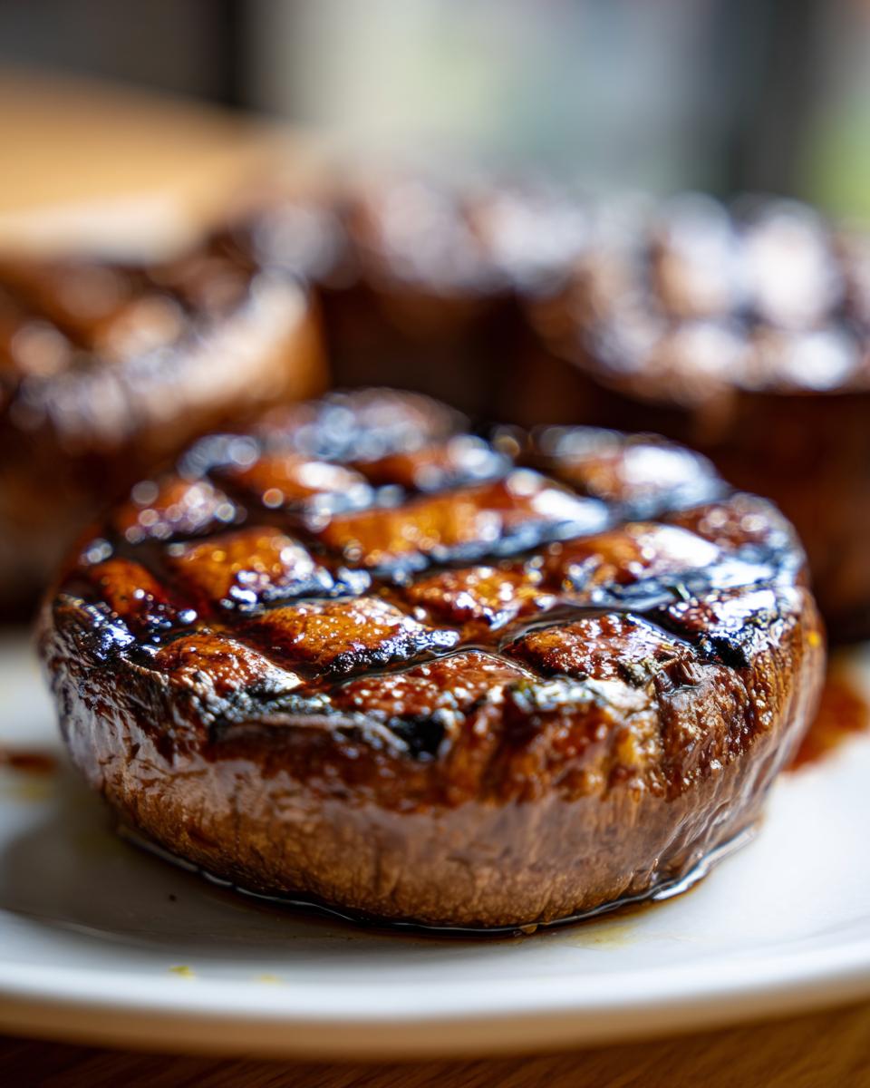 Close-up of a perfectly grilled portobello mushroom with grill marks, ready for easy outdoor meals.