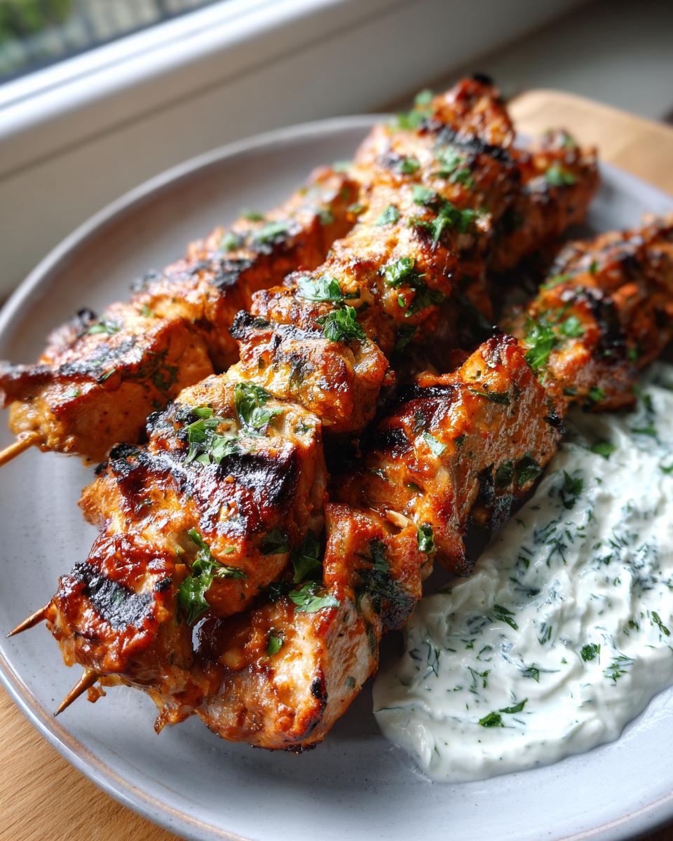 Close-up of grilled smoky chicken skewers served with a side of creamy garlic yogurt dip, garnished with parsley.