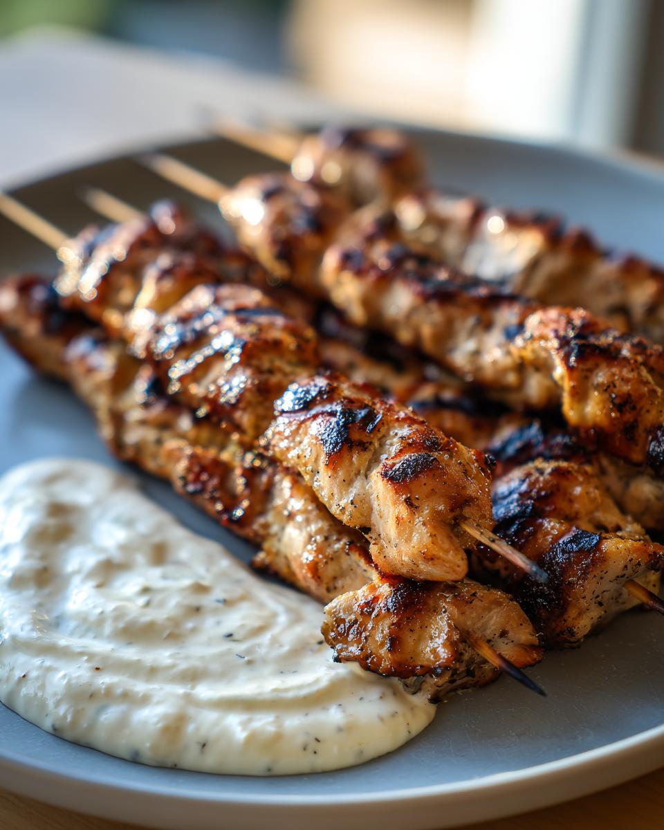 Close-up of smoky chicken skewers grilled to perfection, served with a dollop of garlic yogurt.
