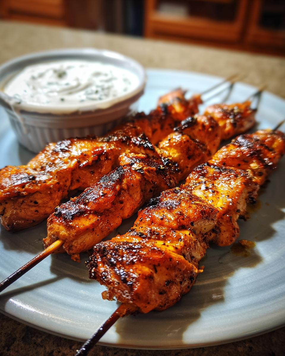 Close-up of grilled smoky chicken skewers served with a bowl of garlic yogurt dip.