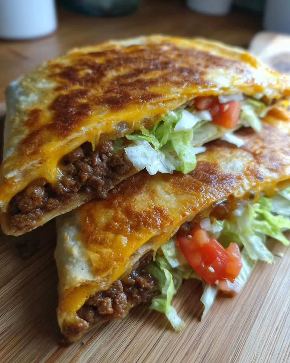 Close-up of two halves of a homemade ground beef crunchwrap, showing seasoned ground beef, melted cheese, lettuce, and tomato.