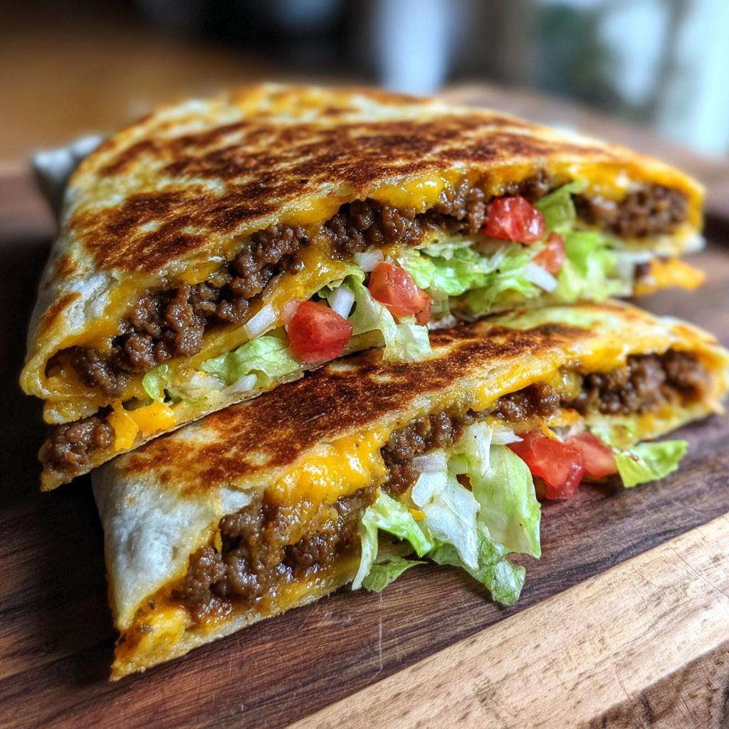 Close-up of a homemade ground beef crunchwrap, cut in half, showing layers of seasoned ground beef, melted cheese, lettuce, and tomatoes.