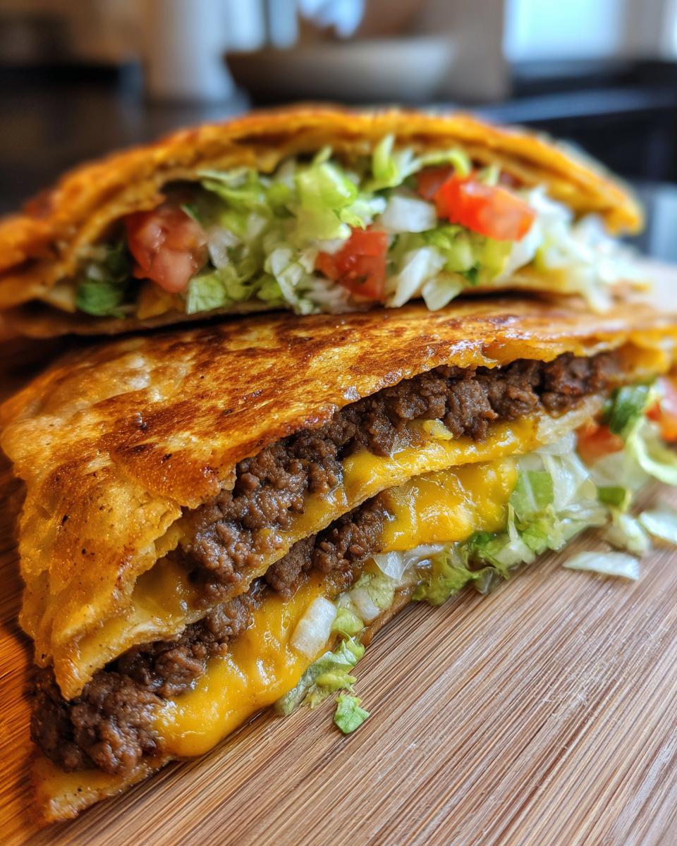 Close-up of two delicious homemade ground beef crunchwraps filled with seasoned ground beef, melted cheese, lettuce, and tomatoes.
