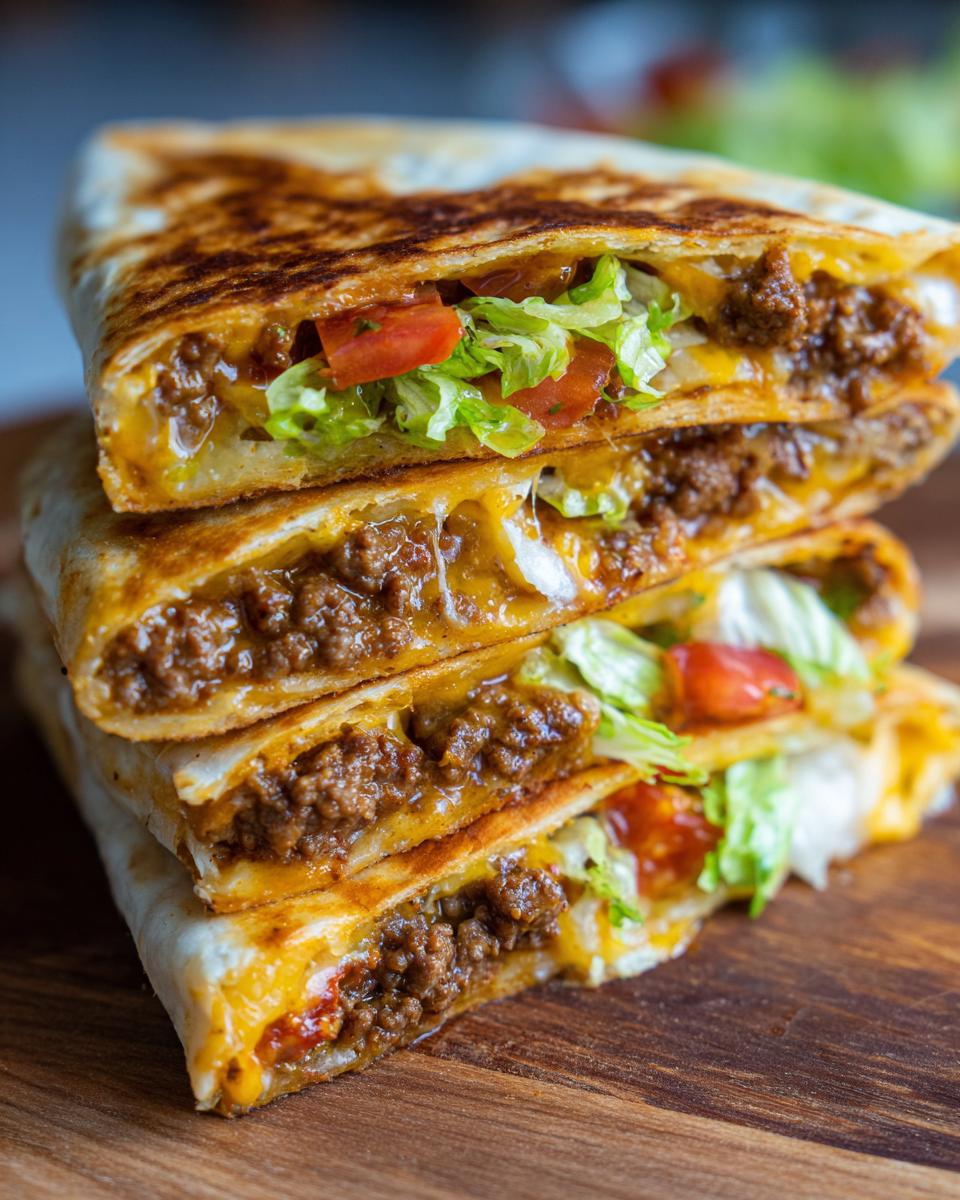 A stack of three homemade ground beef crunchwraps, filled with seasoned ground beef, melted cheese, lettuce, and tomatoes.