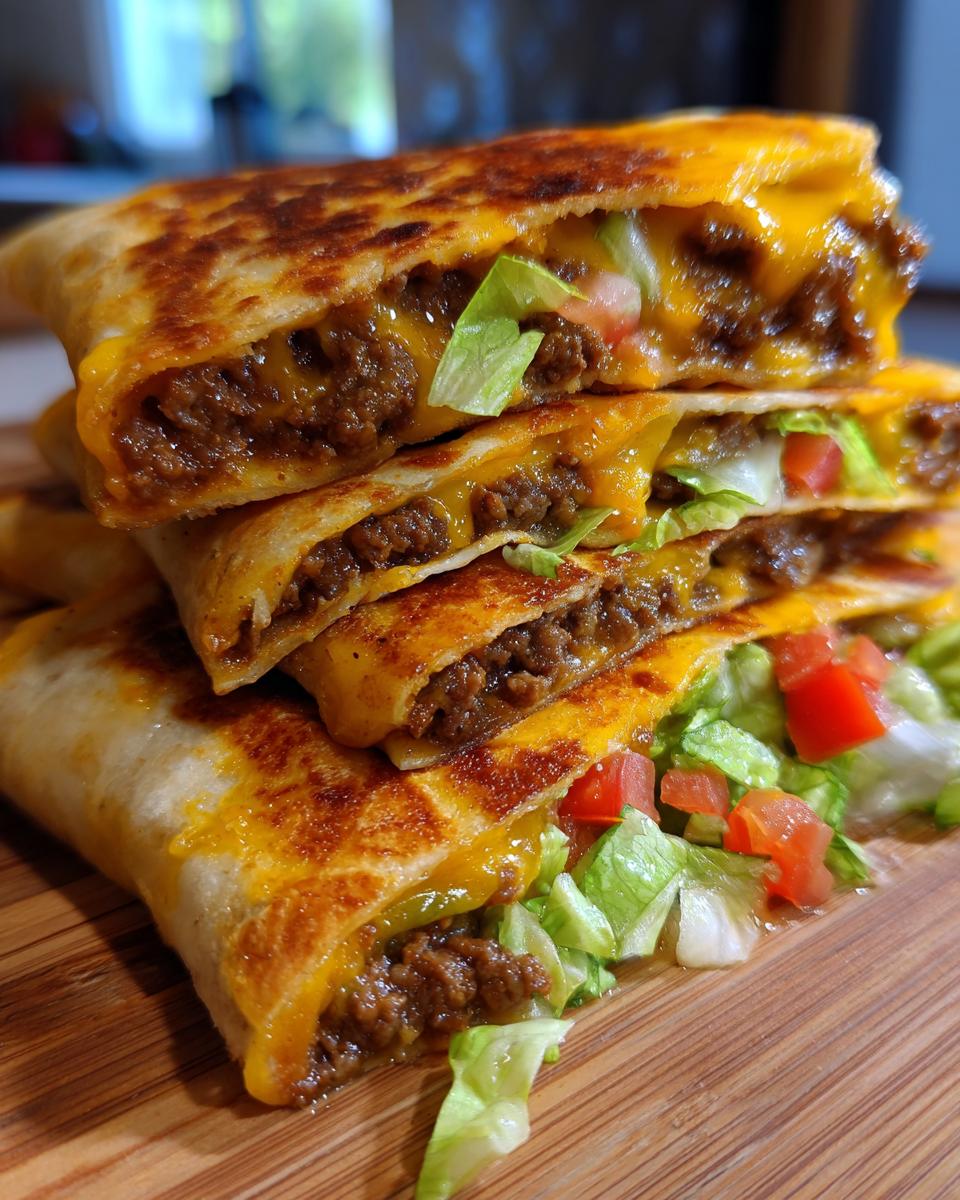 A stack of four homemade ground beef crunchwraps, filled with seasoned ground beef, melted cheese, lettuce, and tomatoes.