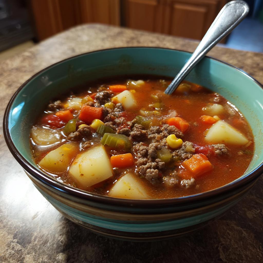 A close-up of a steaming bowl of hamburger soup, featuring ground beef, potatoes, carrots, corn, and celery in a rich broth.