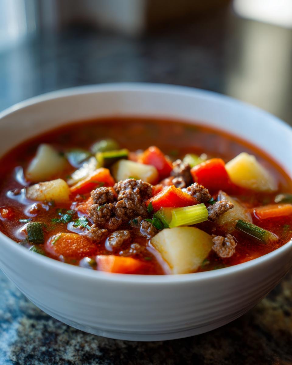 A close-up of a bowl of hearty hamburger soup, featuring ground beef, potatoes, carrots, and celery in a rich broth.
