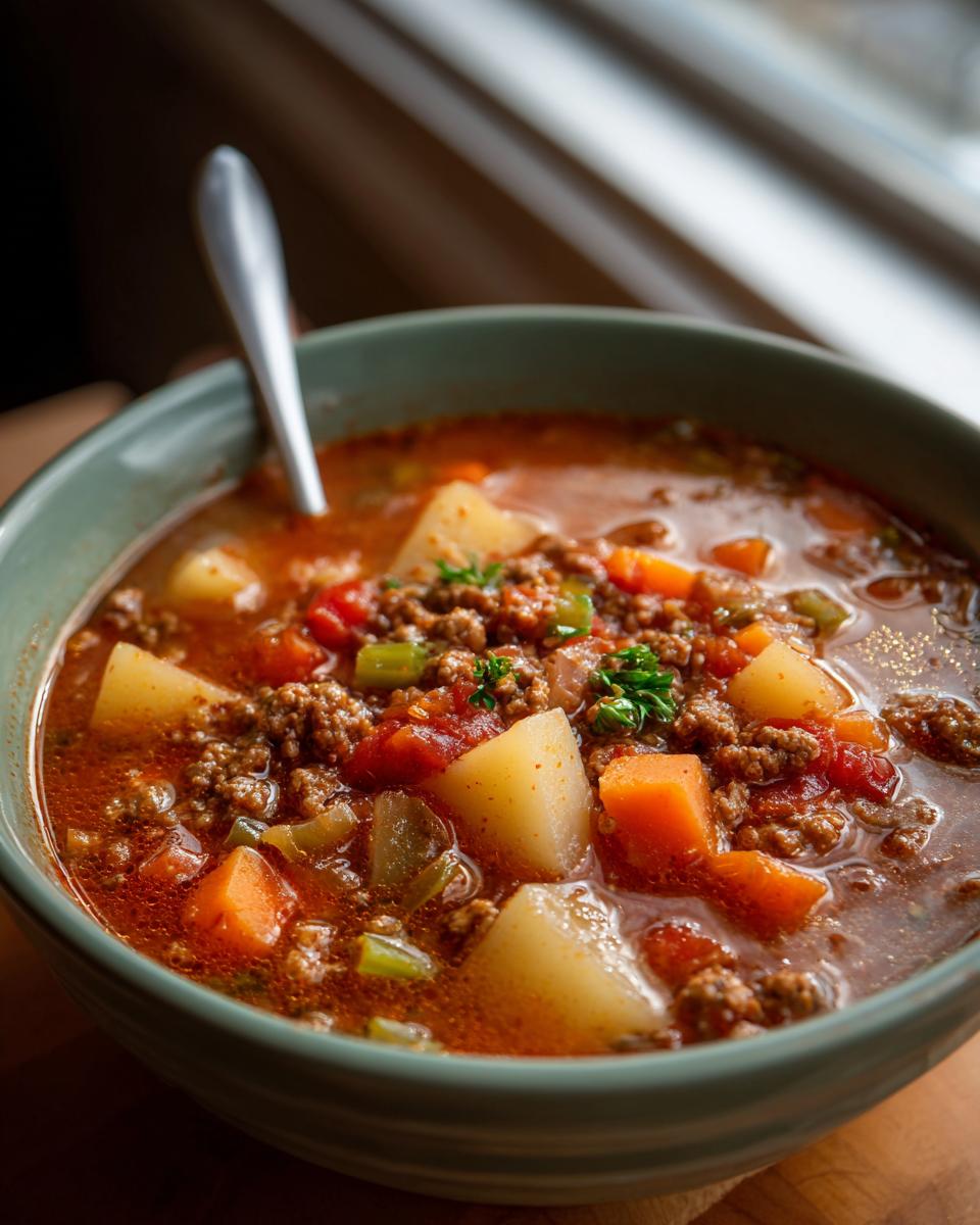 A close-up of a steaming bowl of hearty hamburger soup, featuring ground beef, potatoes, carrots, and celery.